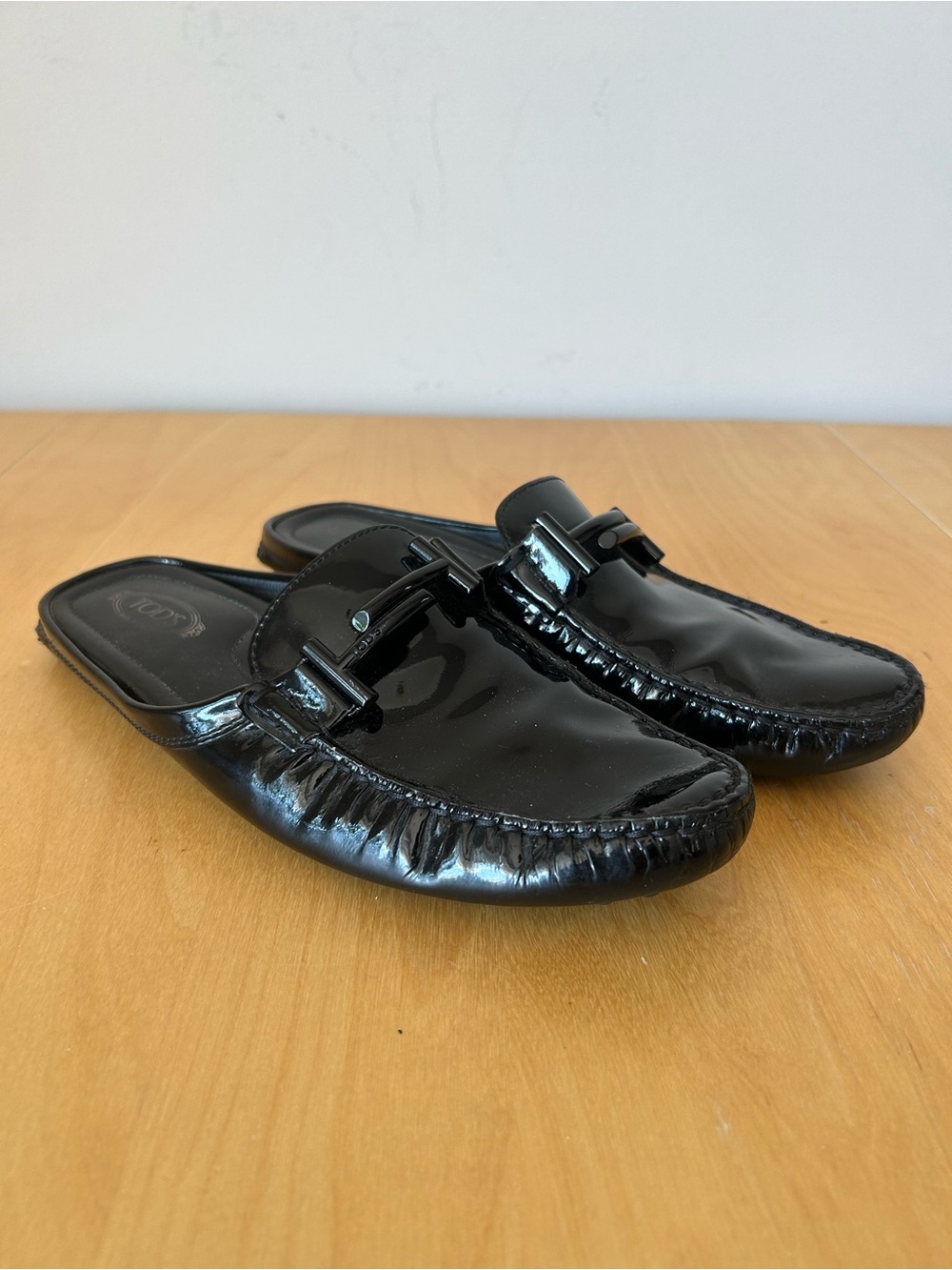 Tod's Gommino Double T Black Patent Leather SlipOn Mule Loafers, Sz EU 40